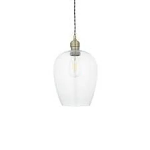 BOXED ENDON 1 LIGHT PENDANT ANTIQUE BRASS PLATE & CLEAR GLASS