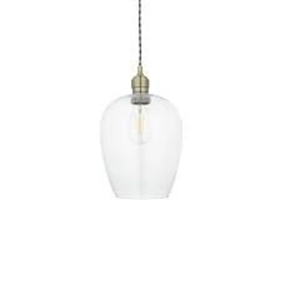 BOXED ENDON 1 LIGHT PENDANT ANTIQUE BRASS PLATE & CLEAR GLASS