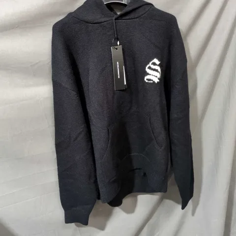 SINNER SATIRE BLACK HOODIE WITH WHITE CHEST LOGO – UK MEDIUM 