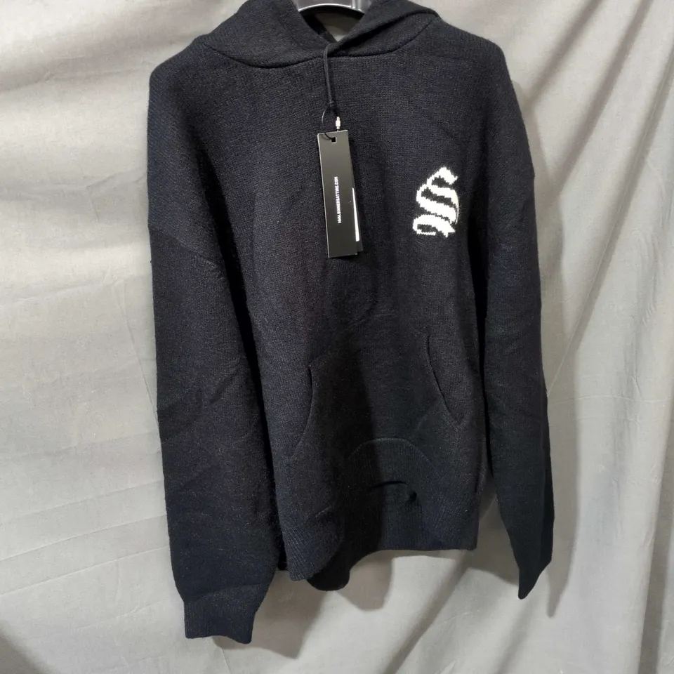 SINNER SATIRE BLACK HOODIE WITH WHITE CHEST LOGO – UK MEDIUM 