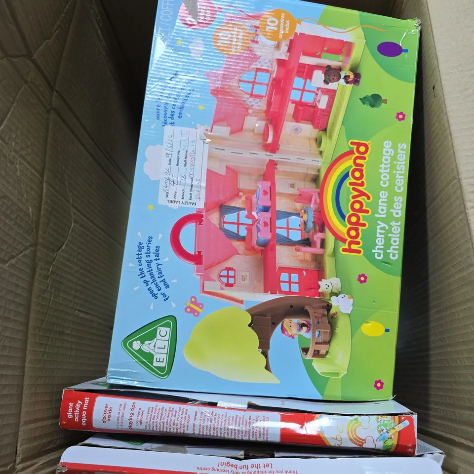 BOX OF APPROXIMATELY 10 ASSORTED TOYS INCLUDING PLAY FOOD MEGA SET , BOOM BAT SET AND BUBBLE SWORD