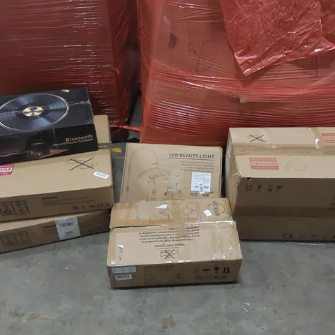 PALLET OF ASSORTED ITEMS INCLUDING: COOKER HOOD, STAINLESS STEEL GAS HOBS, BLUETOOTH RECORD PLAYER, GAS COOKBOOK, LED BEAUTY LIGHT ECT