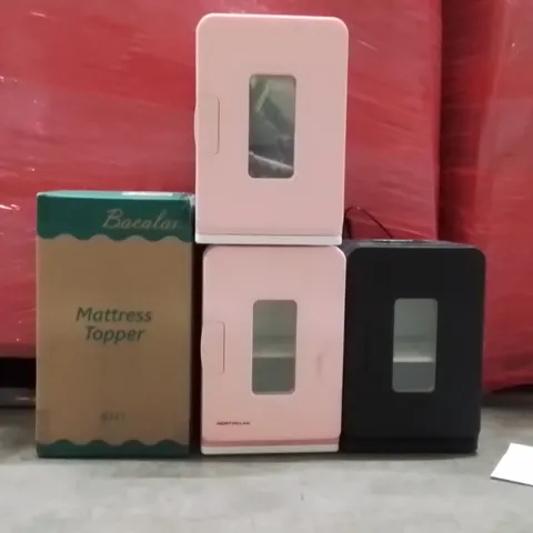PALLET OF ASSORTED HOUSEHOLD GOODS AND PRODUCTS TO INCLUDE;MATTRESS TOPPER,MINI FRIDGES