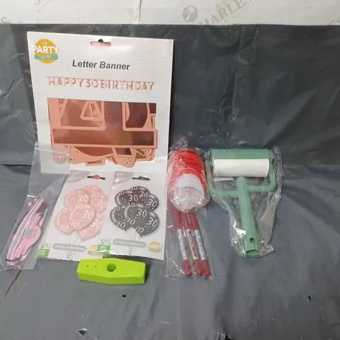 BOX OF APPROXIMATELY 20 ASSORTED HOUSEHOLD ITEMS TO INCLUDE BIRTHDAY BANNER AND BALLOONS, CAT COLLARS AND STATIONARY