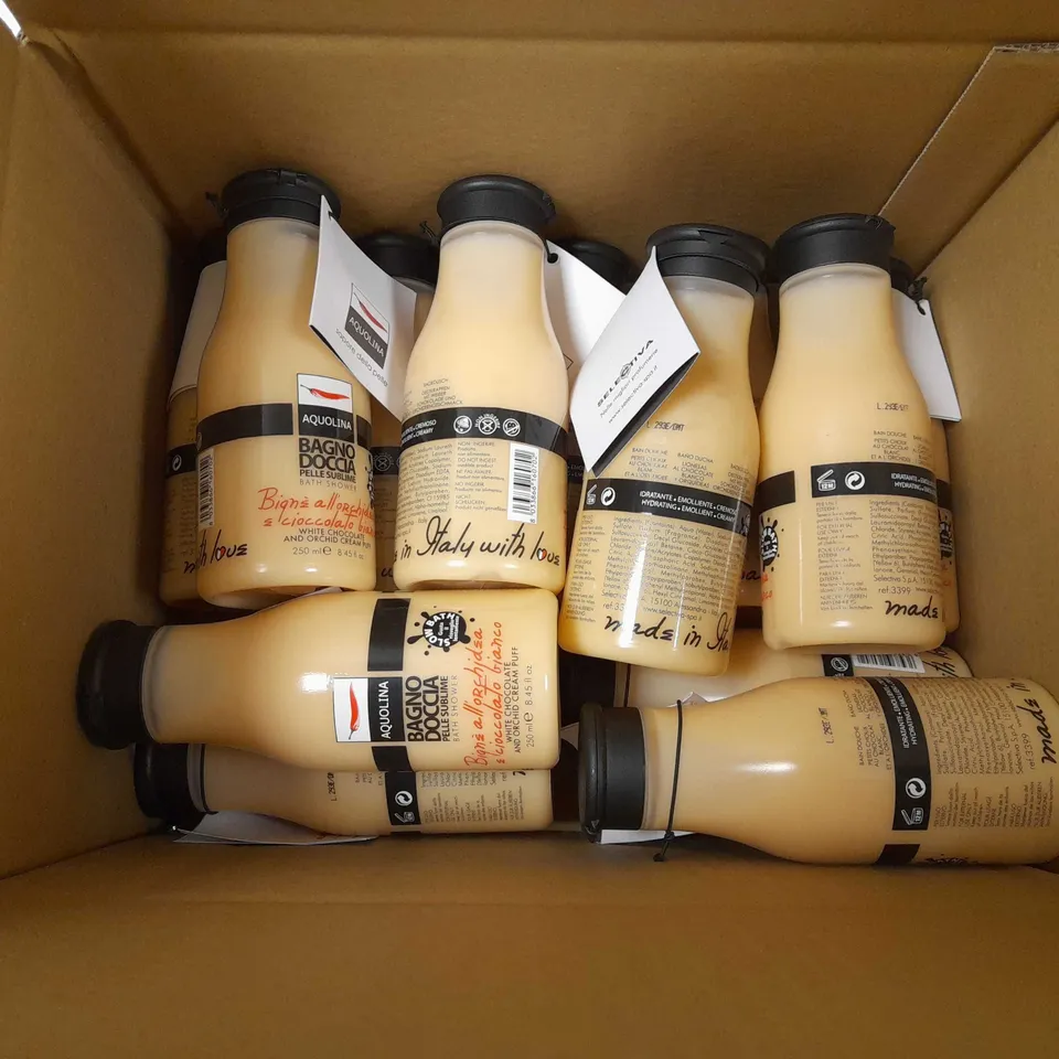 BOX OF APPOX 13 AQUOLINE BAGNO DOCCIA WHITE CHOCOLATE AND ORCHID CREAM PUFF 250ML