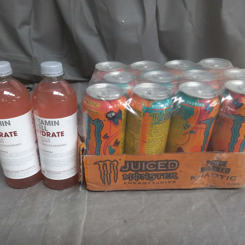 APPROXIMATELY 3 ASSORTE FOOD AND DRINK ITEMS TO INCLUDE MONSTER AND VITAMIN WELL HYDRATE - COLLECTION ONLY 
