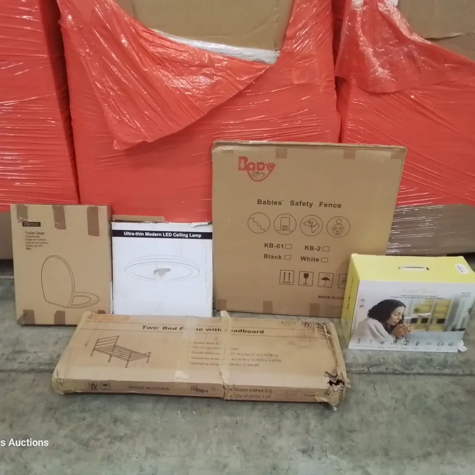 PALLET OF ASSORTED ITEMS INCLUDING: TWIN BED FRAME WITH HEADBOARD, HEATED THROW, MODERN LED CEILING LIGHT, BABIES SAFETY FENCE, TOILET SEAT