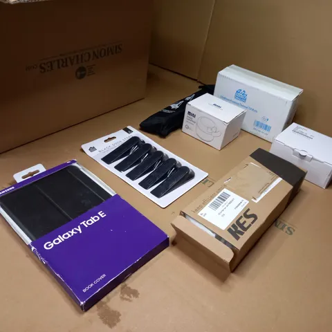 LOT OF APPROX 15 ASSORTED HOUSEHOLD ITEMS TO INCLUDE: ASSORTED BOX ITEMS, BLACK DOOR STOPS, SAMSUNG BOOK COVER