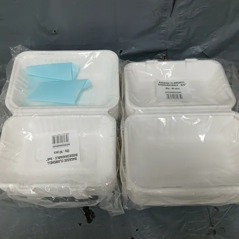 2 PACKS OF 50 BAGASSE CLAMSHELL BIODEGRADABLE 9X6"