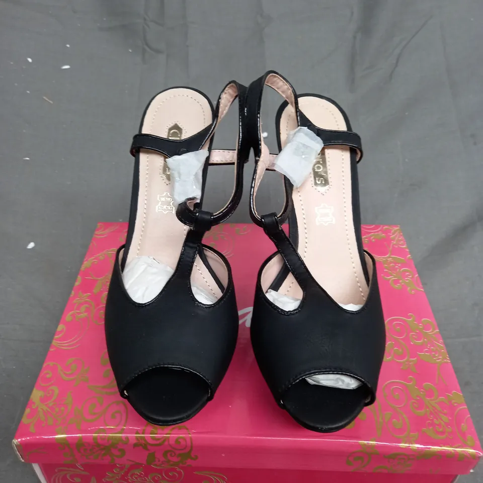 BOX OF APPROXIMATELY 10 PAIRS OF BOXED HIGH HEEL OPEN TOE SHOES IN VARIOUS SIZES