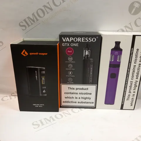 BOX OF APPROXMATELY 28 E-CIGARETTES AND LIQUIDS TO INCLUDE INNOKIN ENDURA T20 S, VAPORESSO GTX ONE, GEEKVAPE OBELISK 120 FC