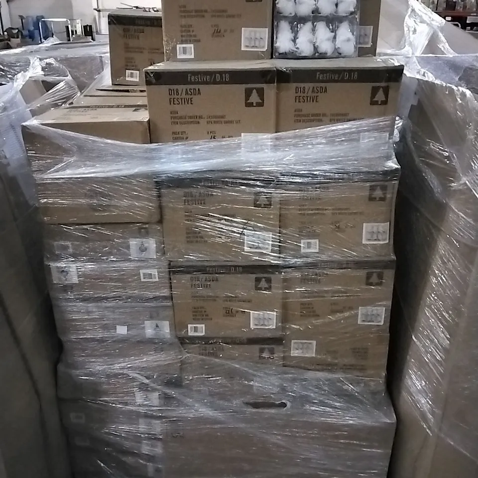 PALLET CONTAINING APPROXIMATELY 100 6-PACK BOXES OF 8-PIECE WHITE GNOME DECORATION SETS