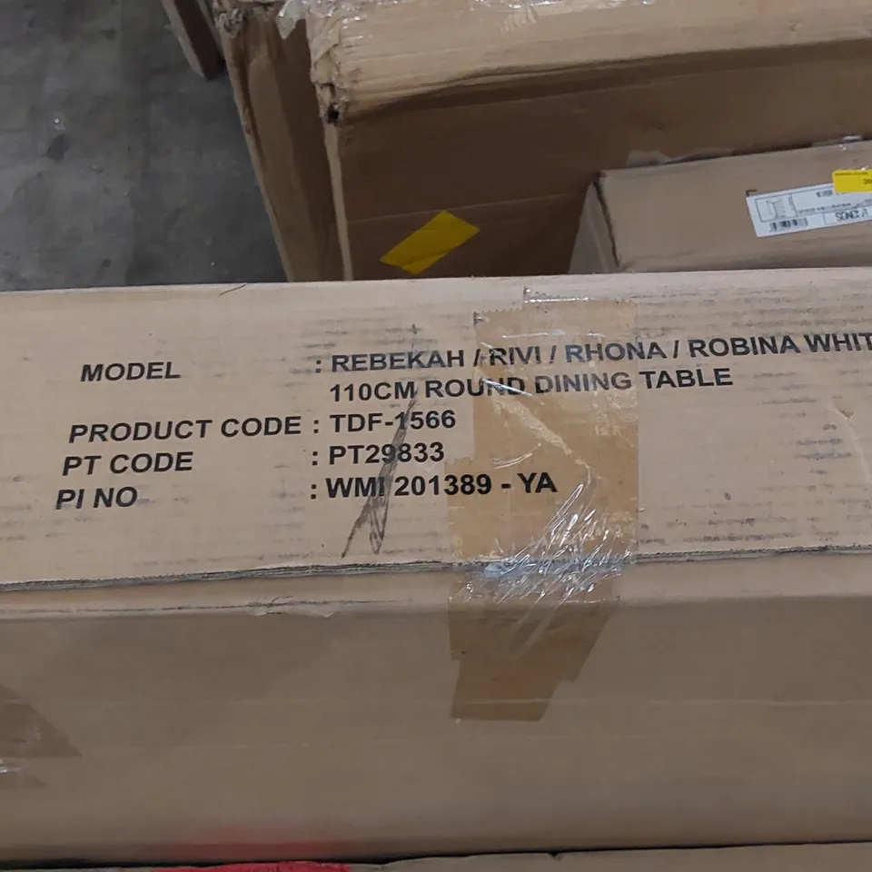 BOXED REBEKAH 110cm ROUND DINING TABLE IN WHITE/OAK (1 BOX)