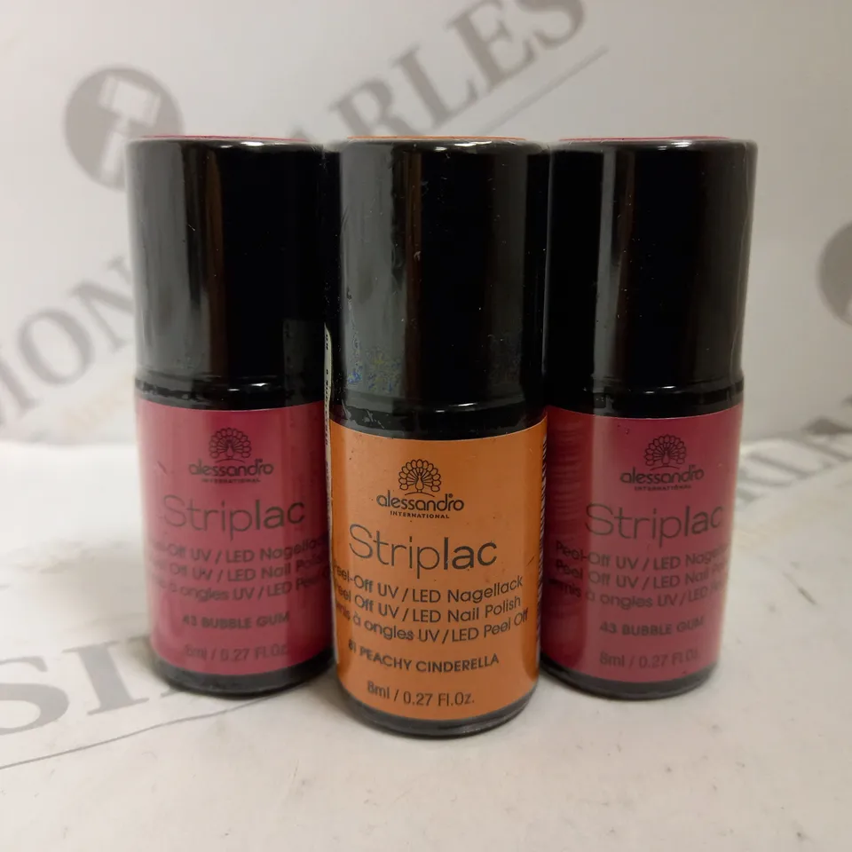 BOX OF APPROX 50 X 8ML ALESSANDRO STRIPLAC PEEL-OFF UV LED NAIL POLISH #81 PEACHY CINDERELLA & #43 BUBBLE GUM 