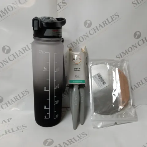 APPROXIMATELY 20 ASSORTED ITEMS TO INCLUDE HARRIS PAINT BRUSH SET, STAINLESS STEEL DOUGH CUTTER, WATER BOTTLE ETC.