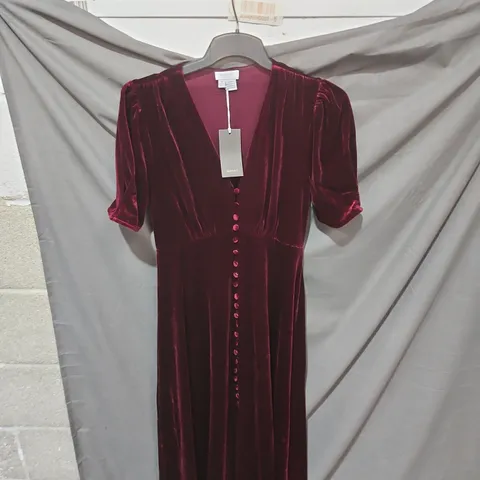 GHOST LONDON VELVET DRESS β BURGUNDY, UK 8