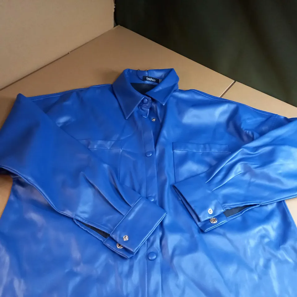 BOOHOO NAVY OVERSIZED CARGO FAUX LEATHER SHIRT - SIZE 12