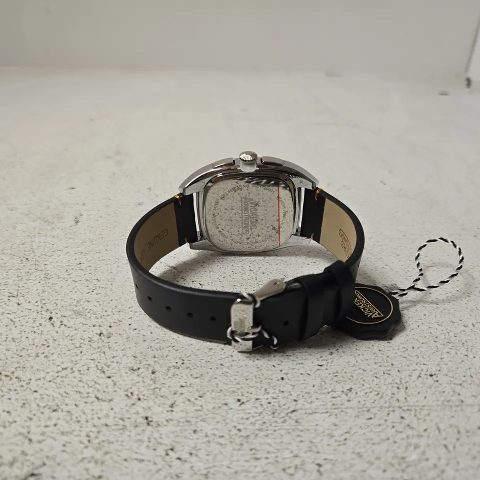 VICKERS ARMSTRONGS CHRONOGRAPH WRISTWATCH – BLACK DIAL, LEATHER STRAP, BOXED 