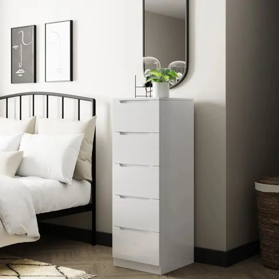 BOXED LARSON 5 DRAWER TALLBOY IN WHITE 