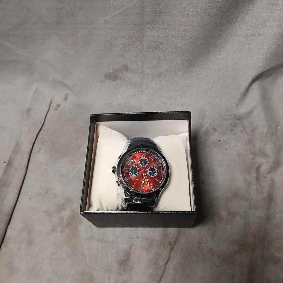 GLOBENFELD WATCH – RED CHRONOGRAPH DIAL, BLACK LEATHER STRAP