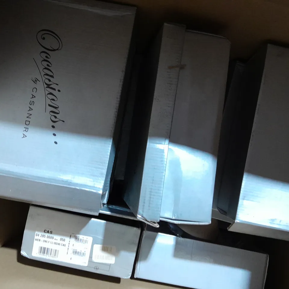 APPROXIMATELY 12 BOXED PAIR OF ASSORTED CASANDRA HEELED OPEN TOE SHOES IN VARIOUS COLOURS AND SIZES 