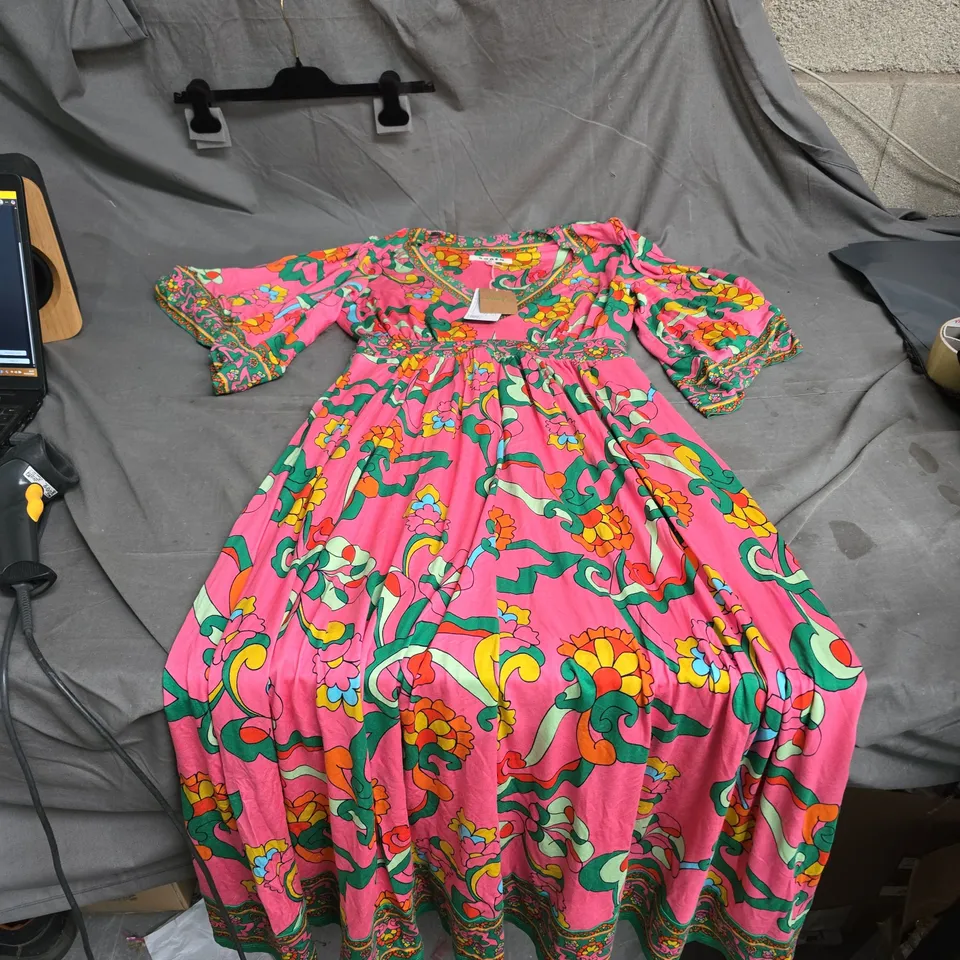 WOMEN'S PINK FLORAL MAXI DRESS WITH PUFF SLEEVES