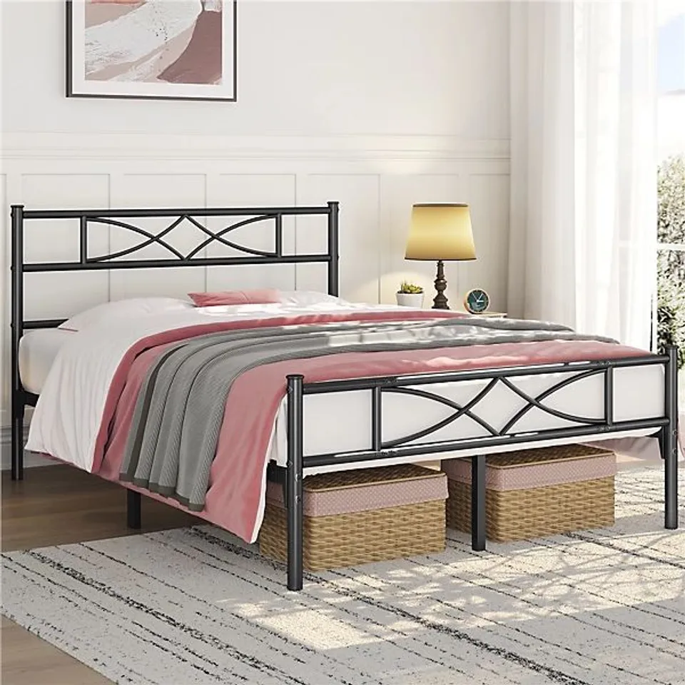 BOXED BLACK DOUBLE METAL BED WITH ARCHED HEADBOARD AND FOOTBOARD