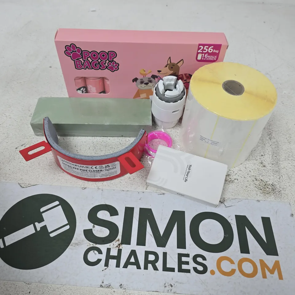 APPROXIMATELY 12 ASSORTED HOUSEHOLD ITEMS TO INCLUDE THERMAL PRINTER LABELS, ASTRO PFP PIPE CLOSER, POOP BAGS, ETC