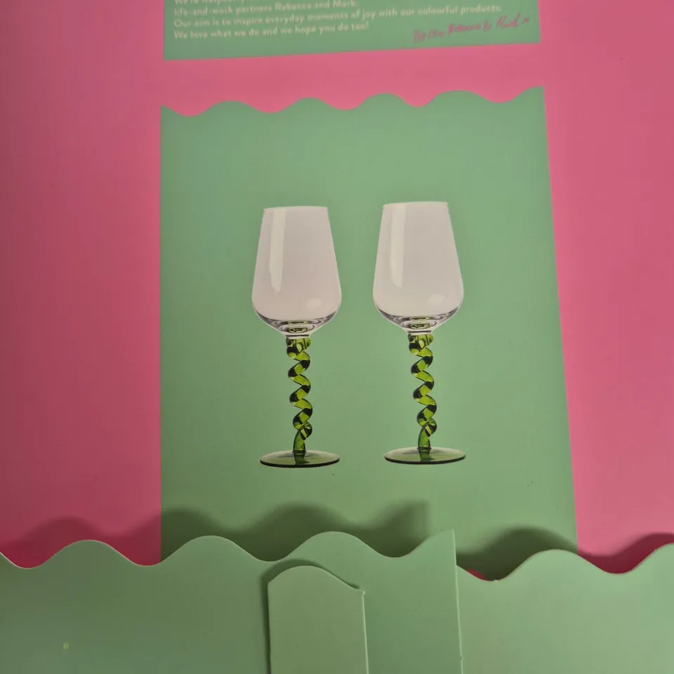 RASPBERRY BLOSSOM SET OF 2 WINE GLASSES – BOXED, TWISTED GREEN STEMS