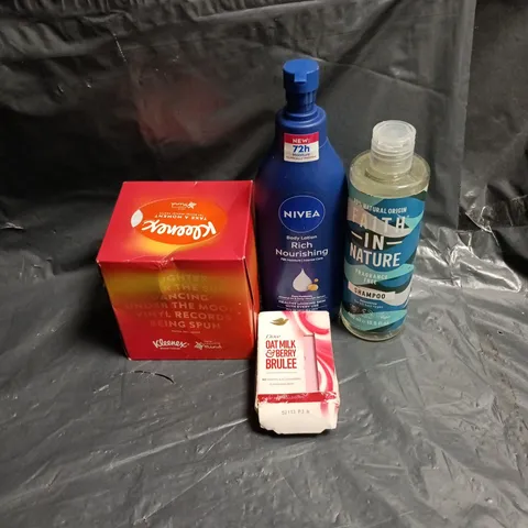APPROXIMATELY 15 ASSORTED ITEMS OF COSMETICS INCLUDING NIVEA BODY LOTION, FAITH IN NATURE SHAMPOO, DOVE OATMILK AND BERRY SOAP BAR AND KLEENEX BOX OF TISSUES