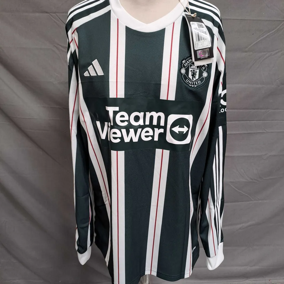 ADIDAS MUFC AWAY JERSEY IN GREEN/WHITE STRIPE SIZE L
