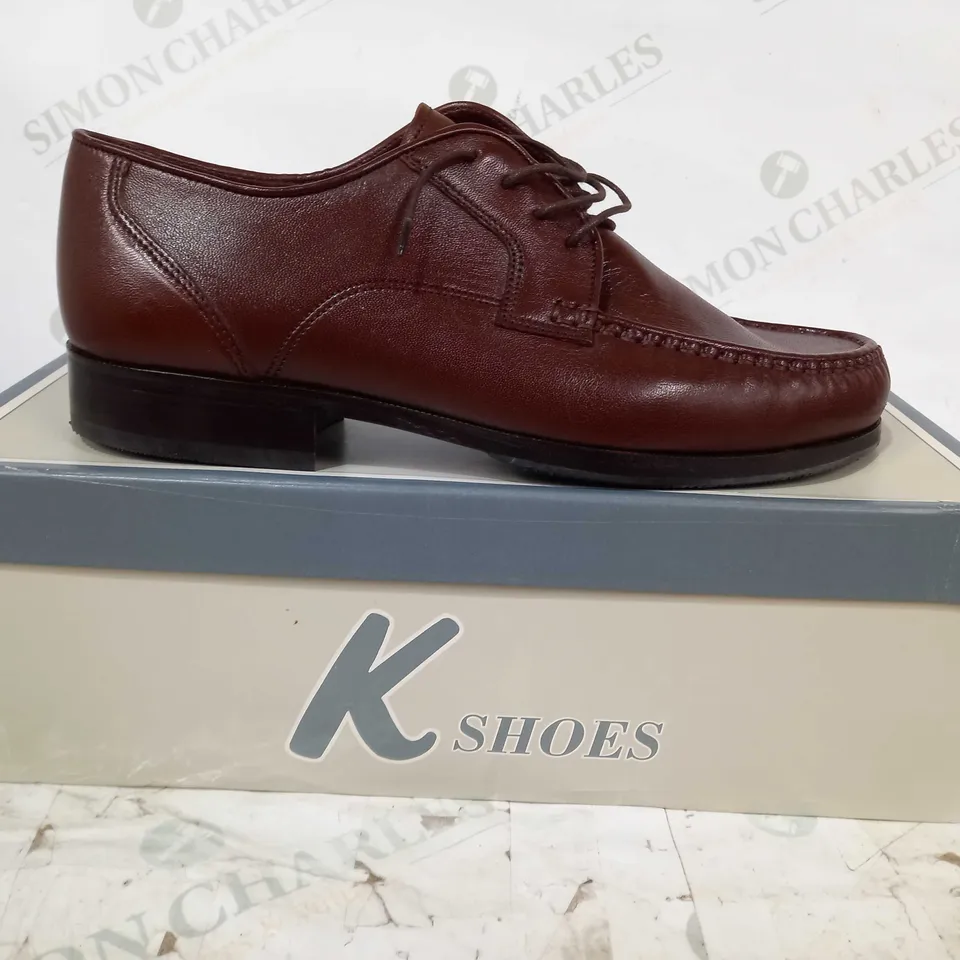 BOXED PAIR OF K SHOES LACE UP LEATHER SHOES IN BROWN UK SIZE 7.5