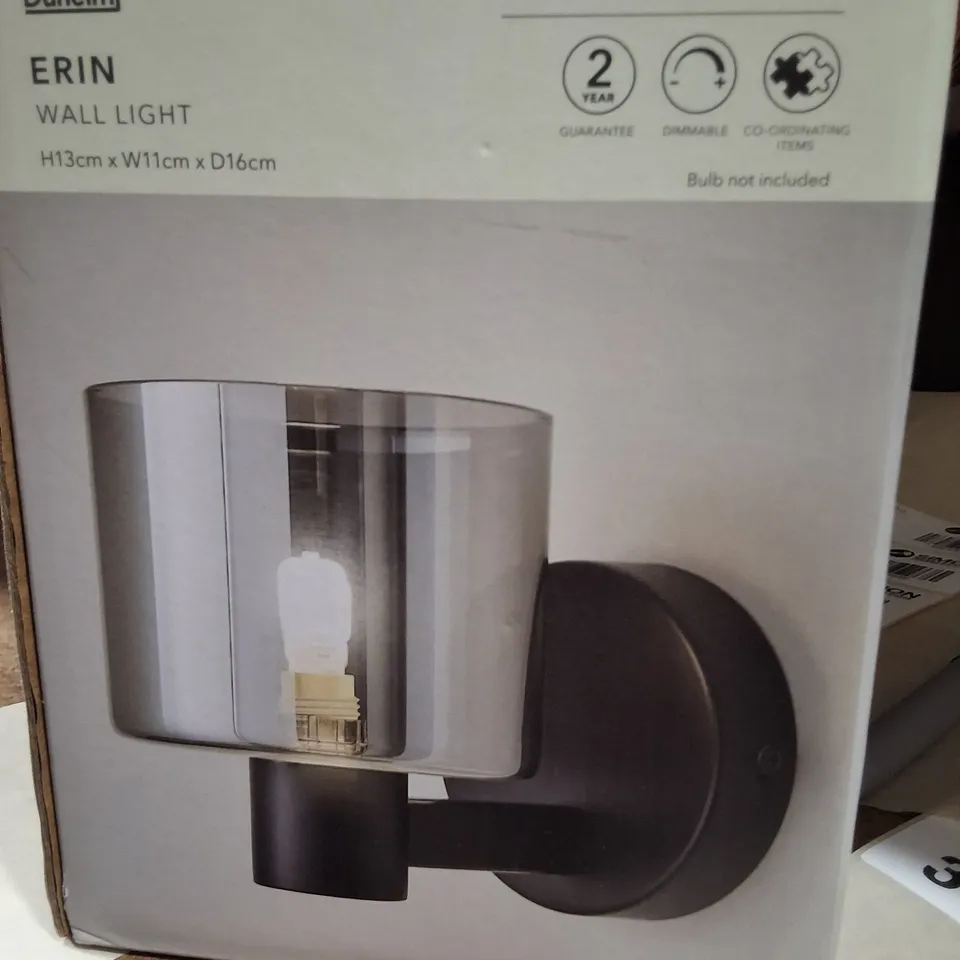 BOXED DUNELM ERIN WALL LIGHT – BLACK WITH SMOKED GLASS
