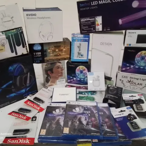 BOX CONTAINING LARGE AMOUNT OF BOXED ELECTRICAL ITEMS TO INCLUDE: LED MAGIC LAMPS, PS5 GAMES, GAMING HEADPHONES, MEMORY CARDS, USB STICKS, LED LIGHT STRIPS ETC.