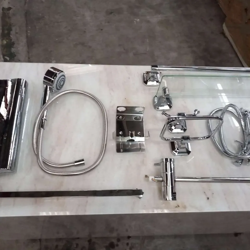 SHOWER SET CONSISTING OF; MIRA ESCAPE 9.8 SHOWER, SOAP HOLDER, TOWEL RAIL, COAT HOOK AND GLASS SHELF AND SHATAFF