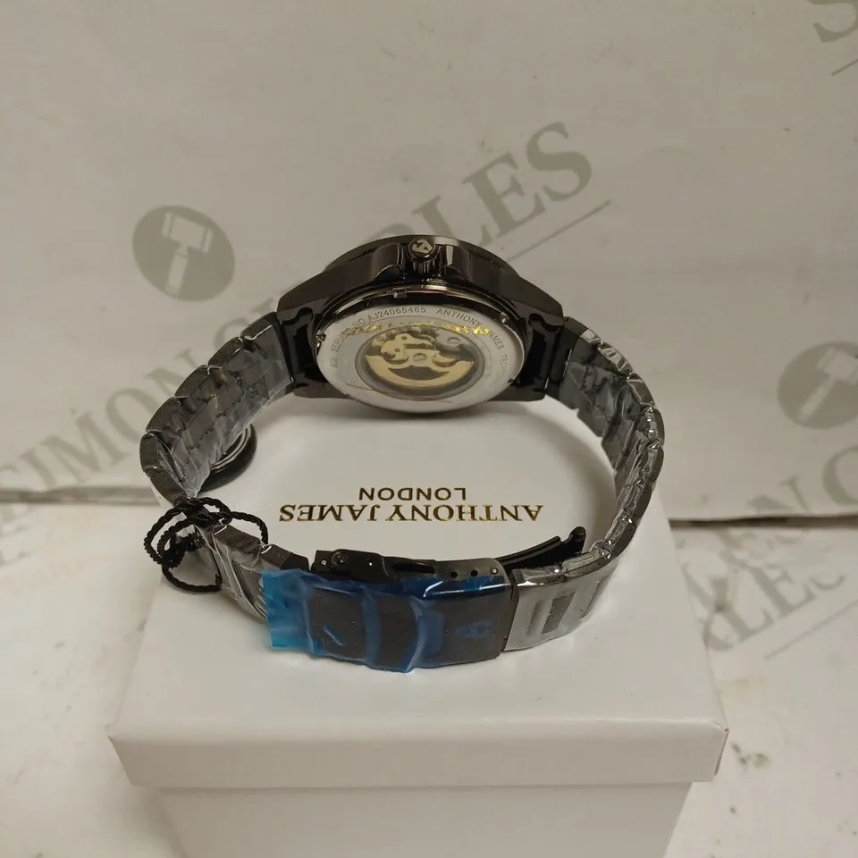 BOXED ANTHONY JAMES WATCH - AUTOMATIC - WATER RESISTANT 3ATM - SKELETON FACE - STAINLESS STEEL BLACK. 