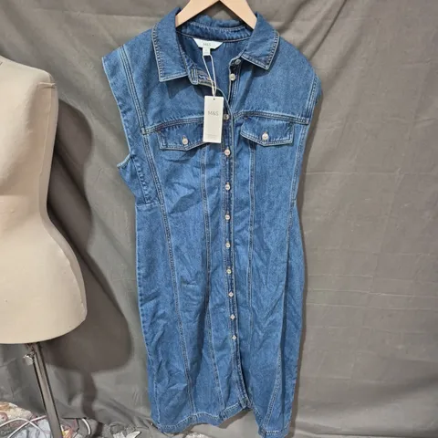 M&S DENIM SLEEVELESS SHIRT DRESS – BUTTON FRONT, CHEST POCKETS SIZE 16 