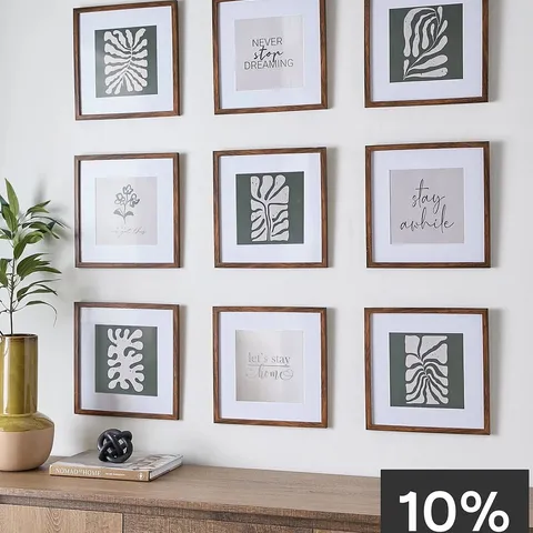 SET OF 9 BROWN SQUARE GALLERY PHOTO FRAMES 12X12INCH