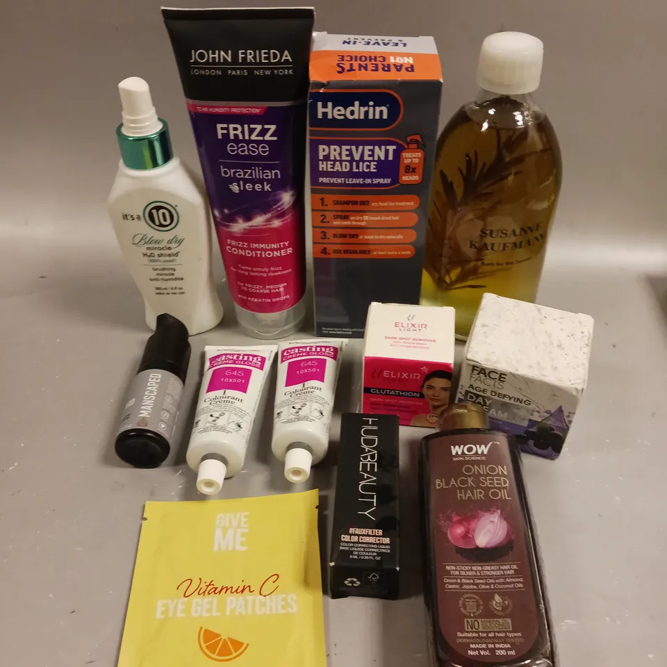 APPROXIMATELY 20 ASSORTED HEALTH & BEAUTY PRODUCTS TO INCLUDE ONION BLACK SEED OIL, JOHN FRIEDA CONDITIONER, MANSCAPED BEARD OIL ETC 