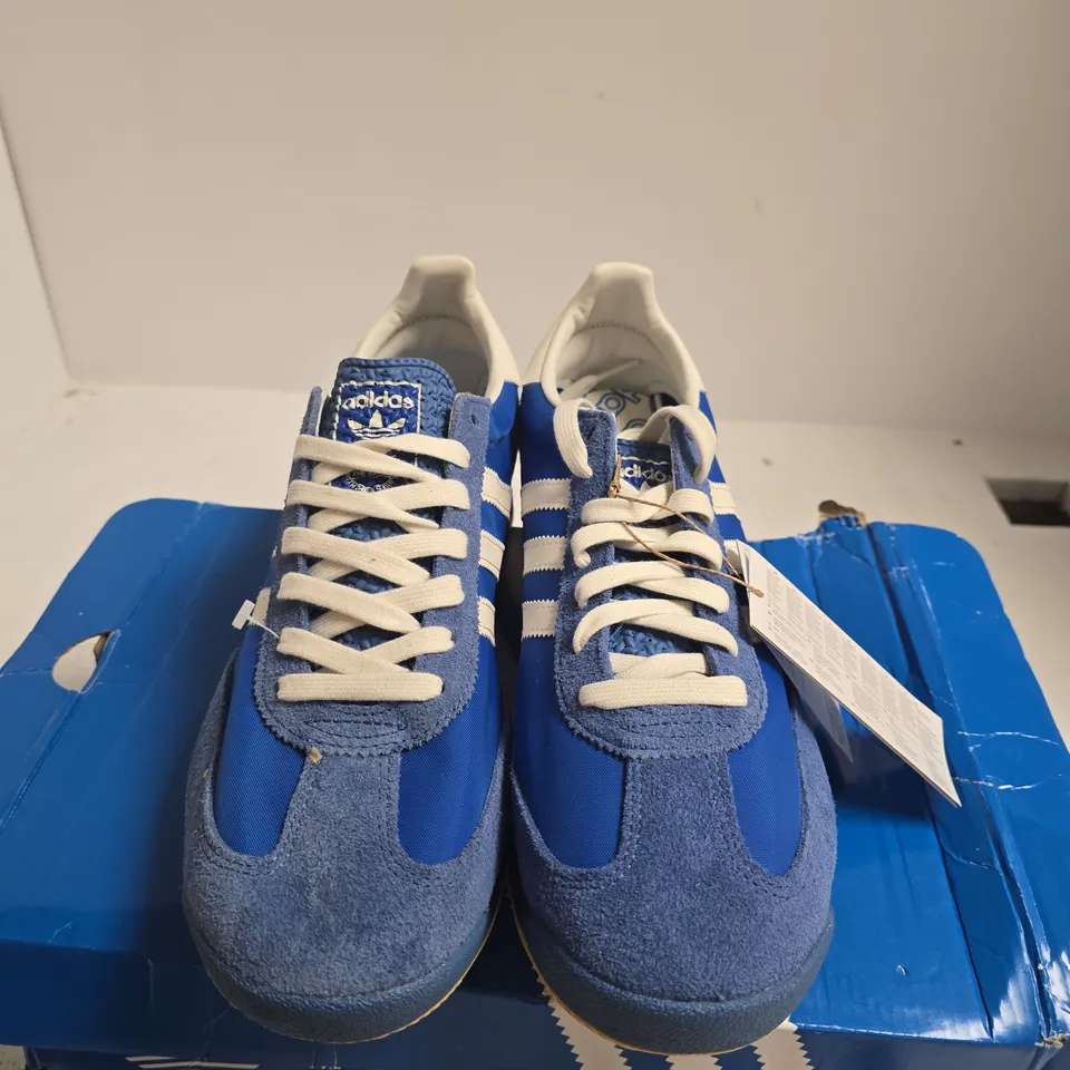 BOXED PAIR OF ADIDAS ORIGINALS SL72 RS SNEAKERS – BLUE/WHITE, UK 10