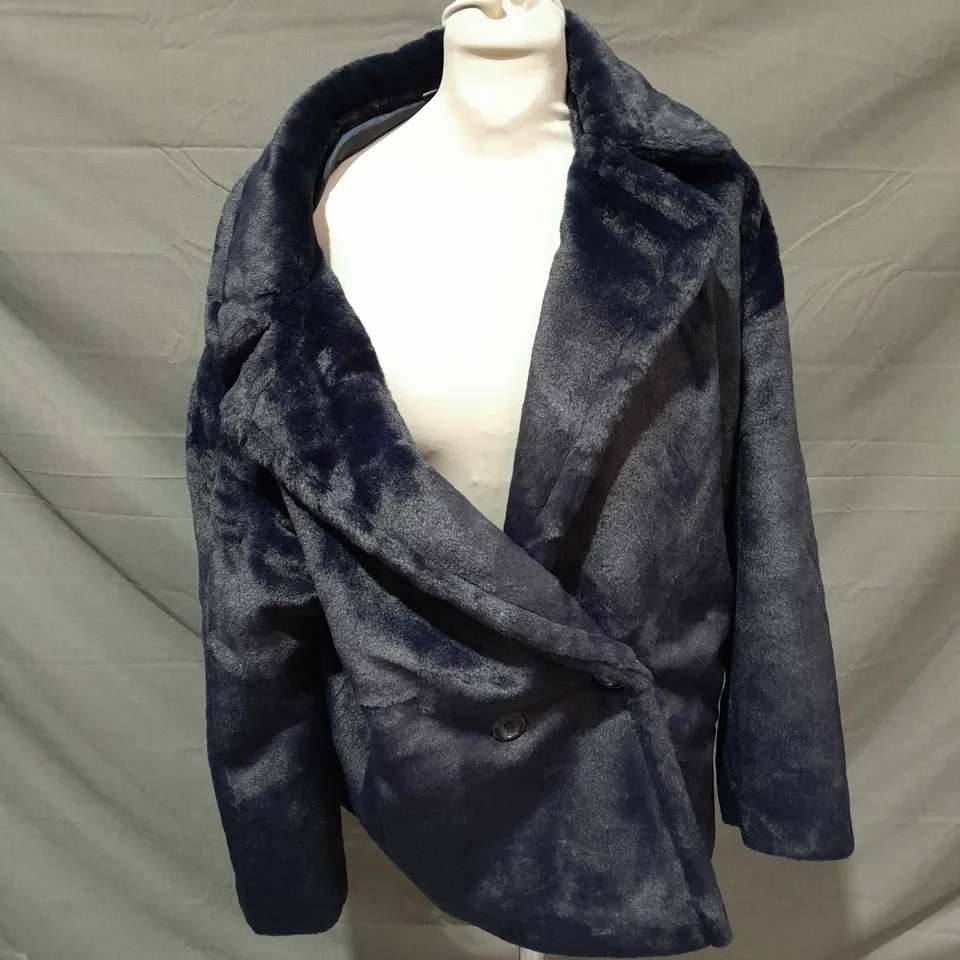 HELENE BERMAN NAVY FAUX FUR JACKET - SIZE 16