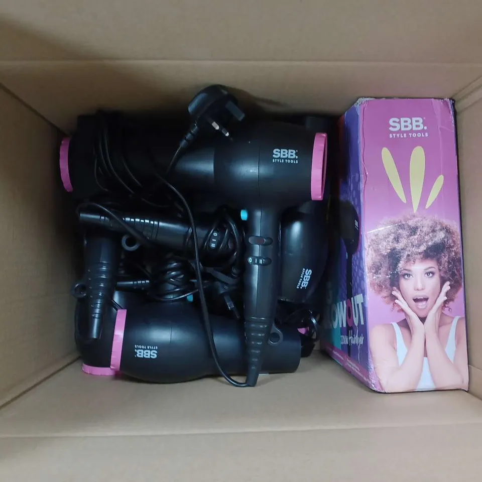 BOXED LOT OF APPROXIMATELY 10 SBB HAIR CARE PRODUCTS TO INCLUDE STRAIGHTENERS AND HAIRDRYERS