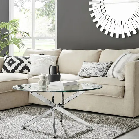 BOXED NOVARA ROUND GLASS AND SILVER COFFEE TABLE (2 BOXES)