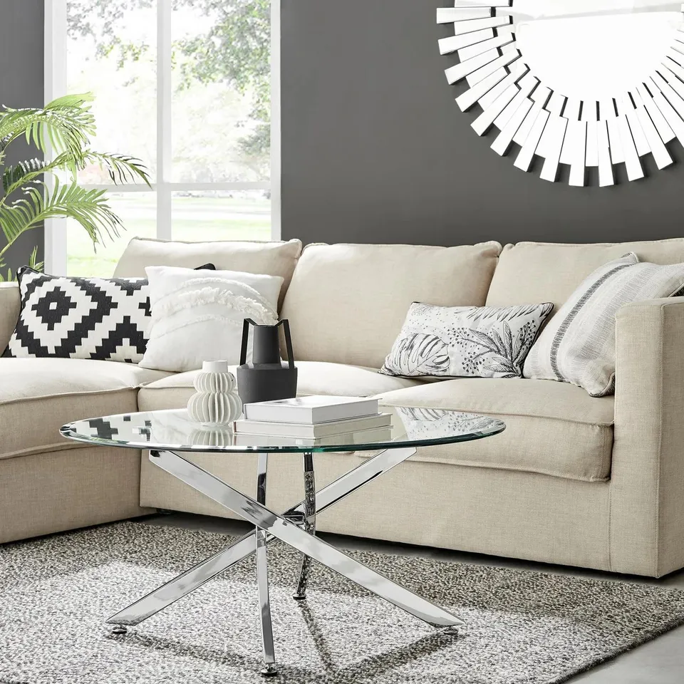 BOXED NOVARA ROUND GLASS AND SILVER COFFEE TABLE (2 BOXES)