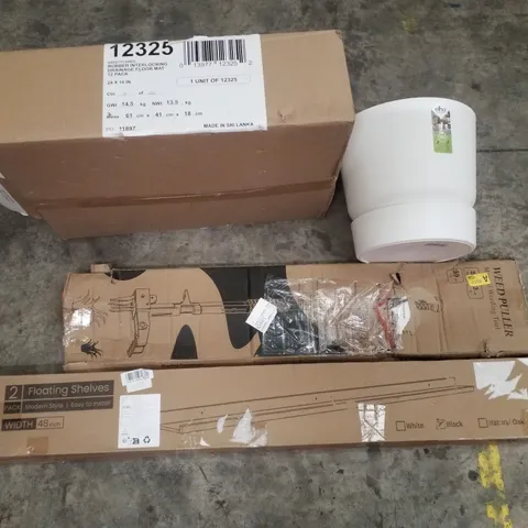 PALLET CONTAINING ASSORTED PRODUCTS INCLUDING RUBBER INTERLOCKING DRAINAGE FLOOR MAT, PLANT POT, WEED PULLER & 2 FLOATING SHELVES
