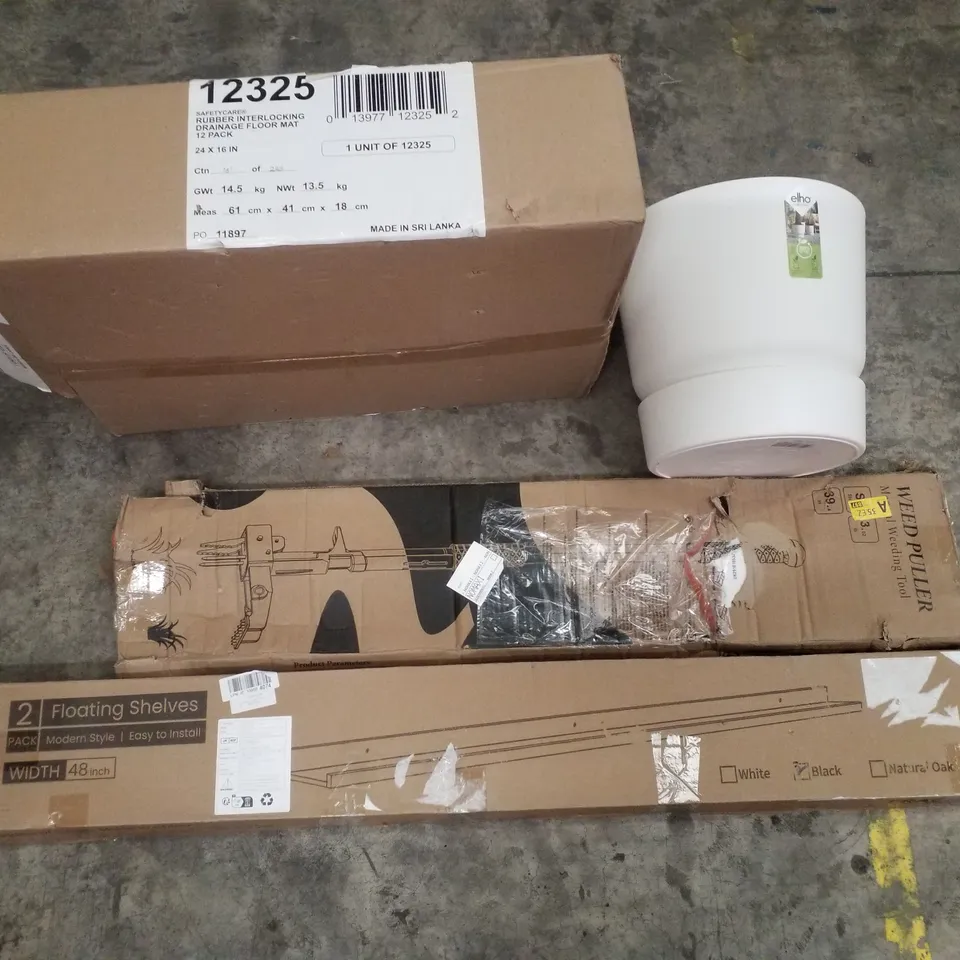 PALLET CONTAINING ASSORTED PRODUCTS INCLUDING RUBBER INTERLOCKING DRAINAGE FLOOR MAT, PLANT POT, WEED PULLER & 2 FLOATING SHELVES