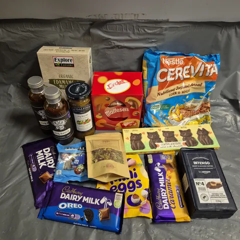 APPROXIMATELY 15 ASSORTED FOOD AND DRINK PRODUCTS TO INCLUDE - CADBURY DAIRY MILK - MINI EGGS - INTENSO GROUND COFFEE - ETC