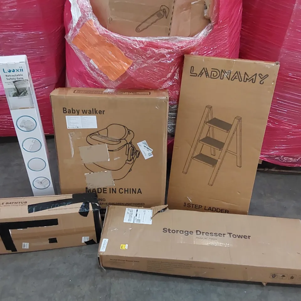 PALLET OF ASSORTED CONSUMER GOODS AND FURNITURE PRODUCTS TO INCLUDE; STORAGE DRESSER TOWER, STEP LADDER, BABY WALKER, STORAGE DRESSER TOWER, PORTABLE BATHTUB, RETRACTABLE SAFETY GATE ECT.