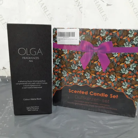2 BOXED PRODUCTS TO INCLUDE OLGA FRAGRANCES LUXURY REED DIFFUSER, SCENTED CANDLE SET