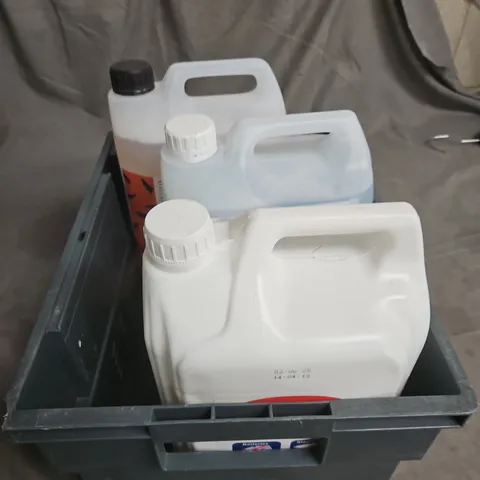 TOTE OF ASSORTED LIQUIDS TOO INCLUDE DE-IONISED WATER , SPRAT SEALANT AND SURFACE CLEANER - COLLECTION ONLY 